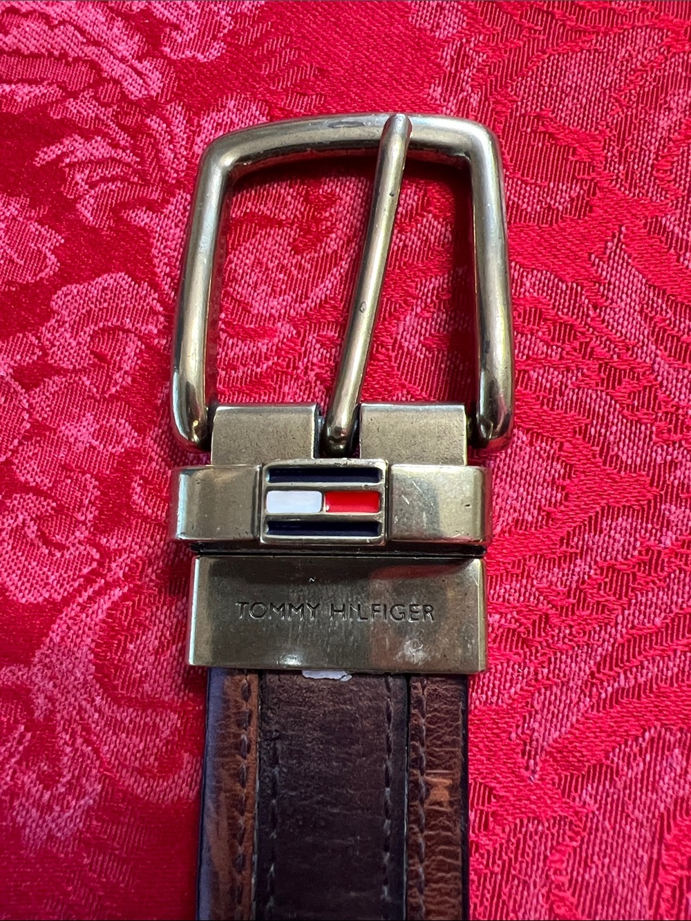 Tommy Hilfiger Reversible Leather Belt Black Brown Flag Buckle Men’s Size 34/85